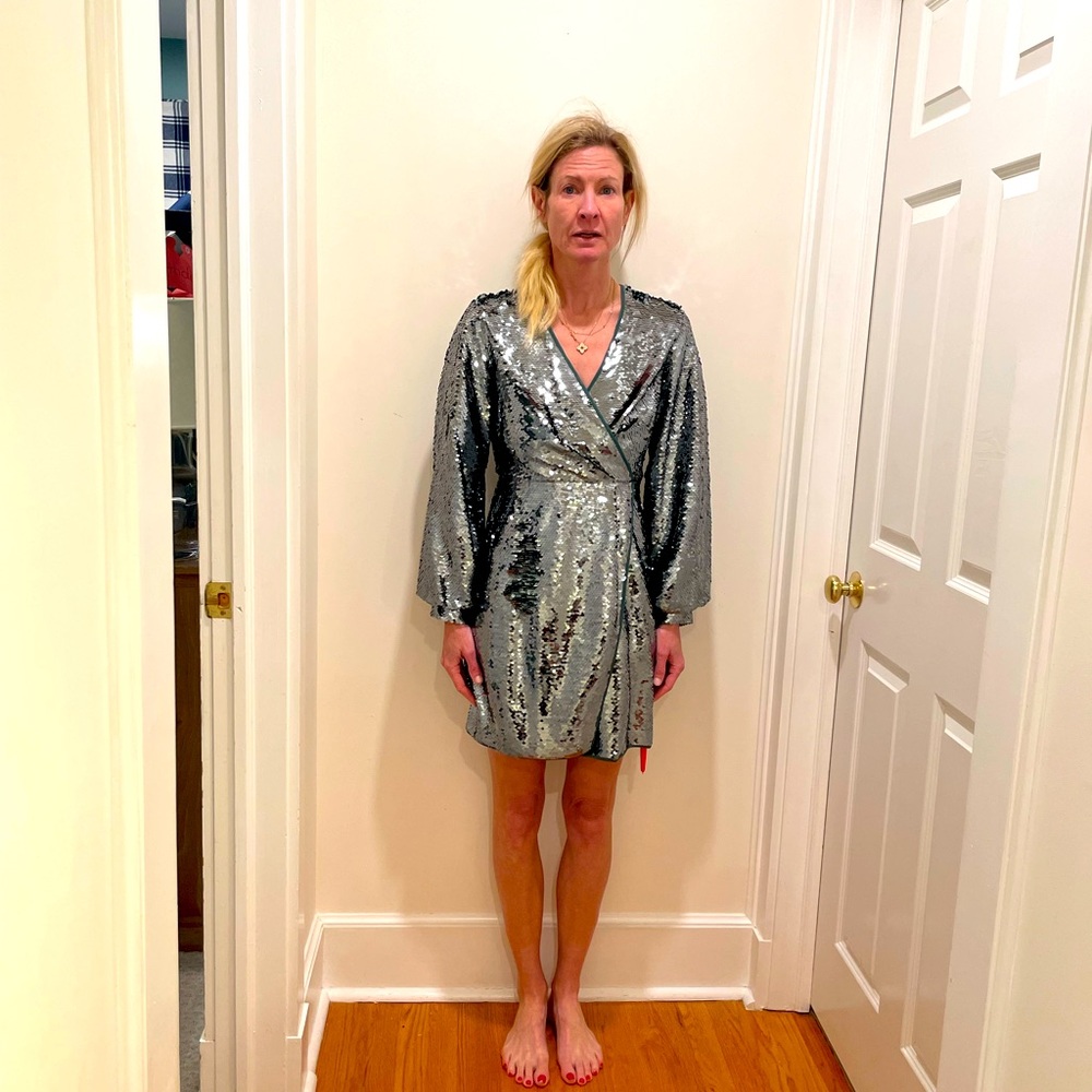 Sachin Babi Silver Sequin Wrap Dress